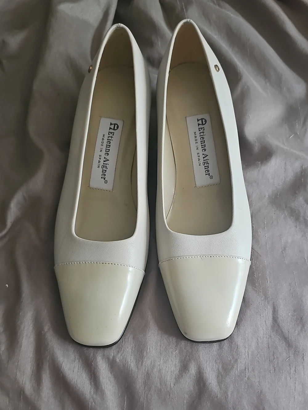 Etienne Aigner Two-Tone Cream & White Square Toe Flats